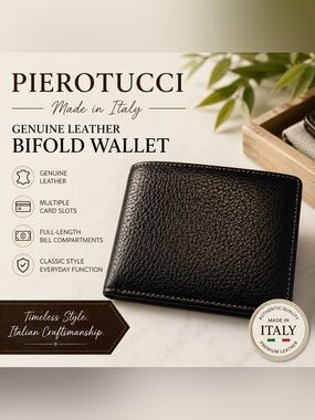 Pierotucci Black Genuine Leather Bifold Wallet Made in Italy Mens